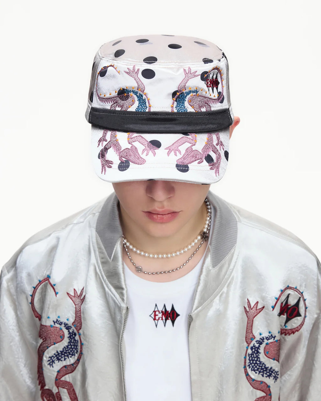EMO Vintage Embroidered Flat-Top Cadet Cap Silver