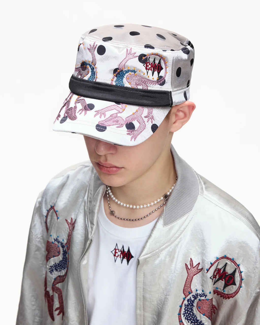 EMO Vintage Embroidered Flat-Top Cadet Cap Silver