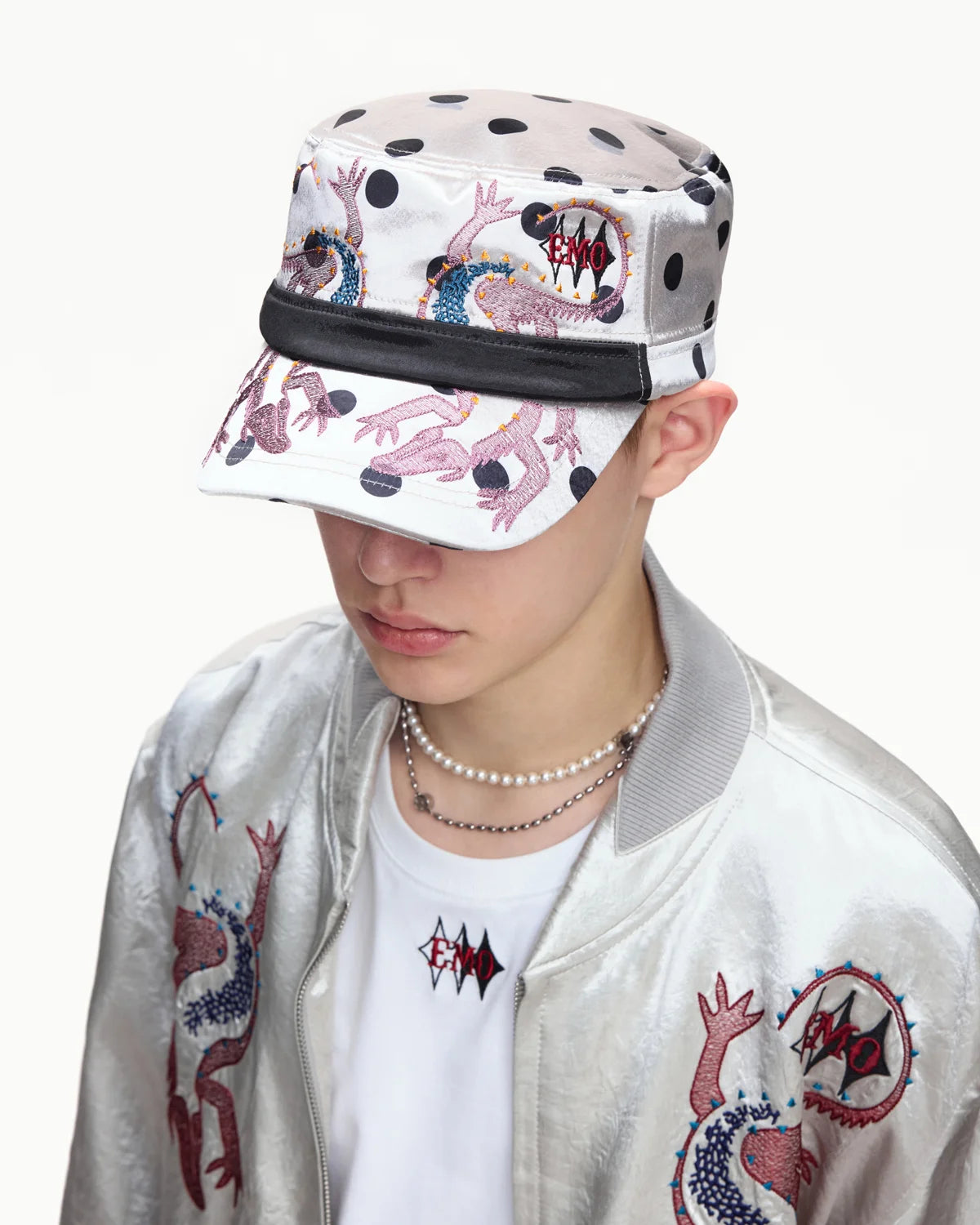 EMO Vintage Embroidered Flat-Top Cadet Cap Silver