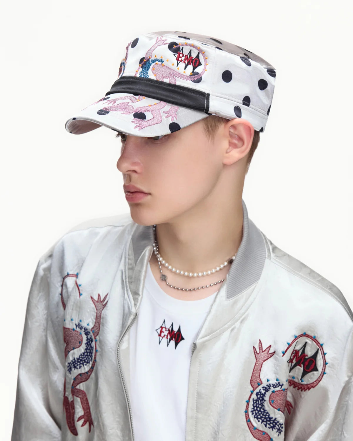 EMO Vintage Embroidered Flat-Top Cadet Cap Silver