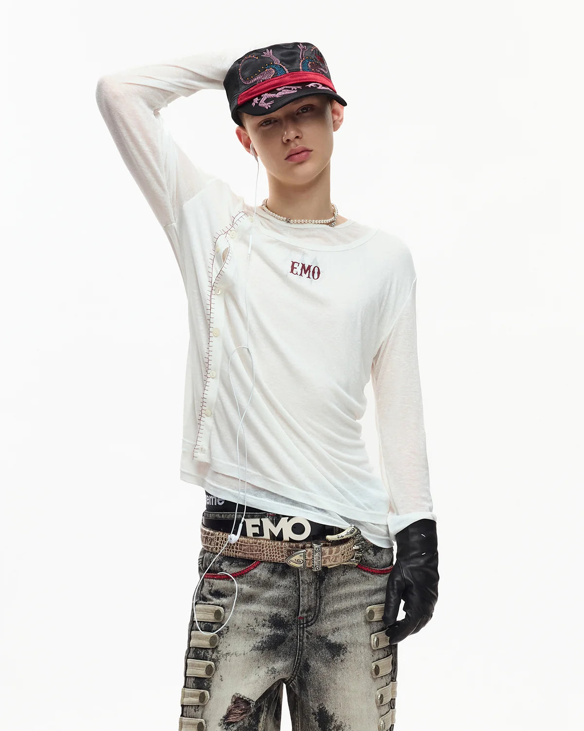 EMO Sheer Layered Graphic Long Sleeve T-Shirt