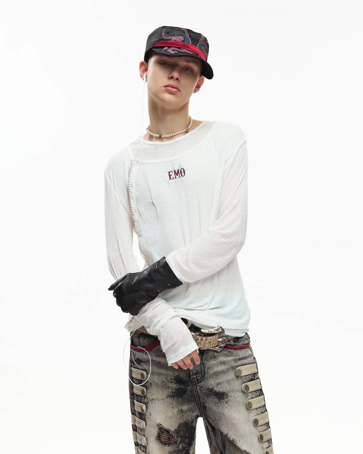 EMO Sheer Layered Graphic Long Sleeve T-Shirt