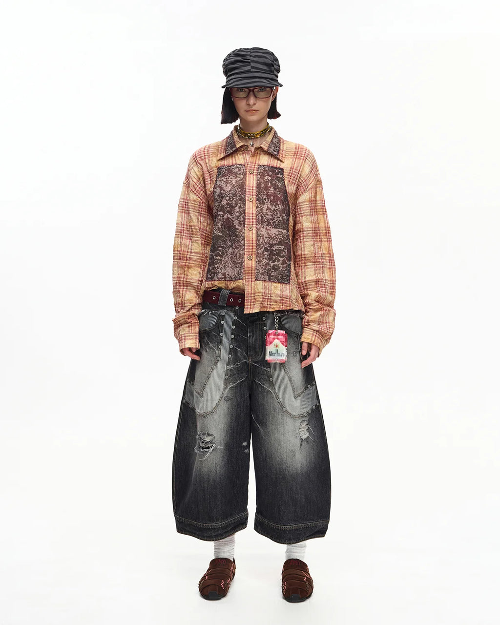 EMO Print Sheer Panel Plaid Shirt