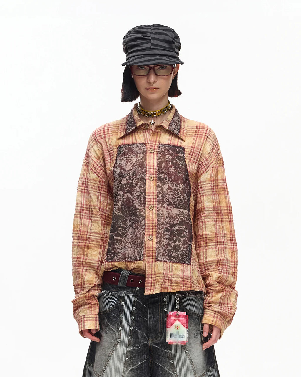 EMO Print Sheer Panel Plaid Shirt