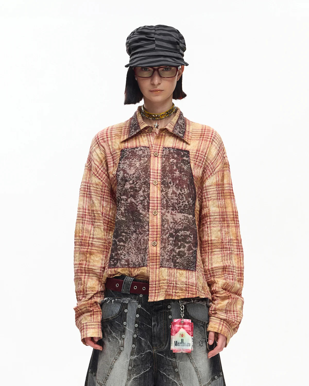 EMO Print Sheer Panel Plaid Shirt