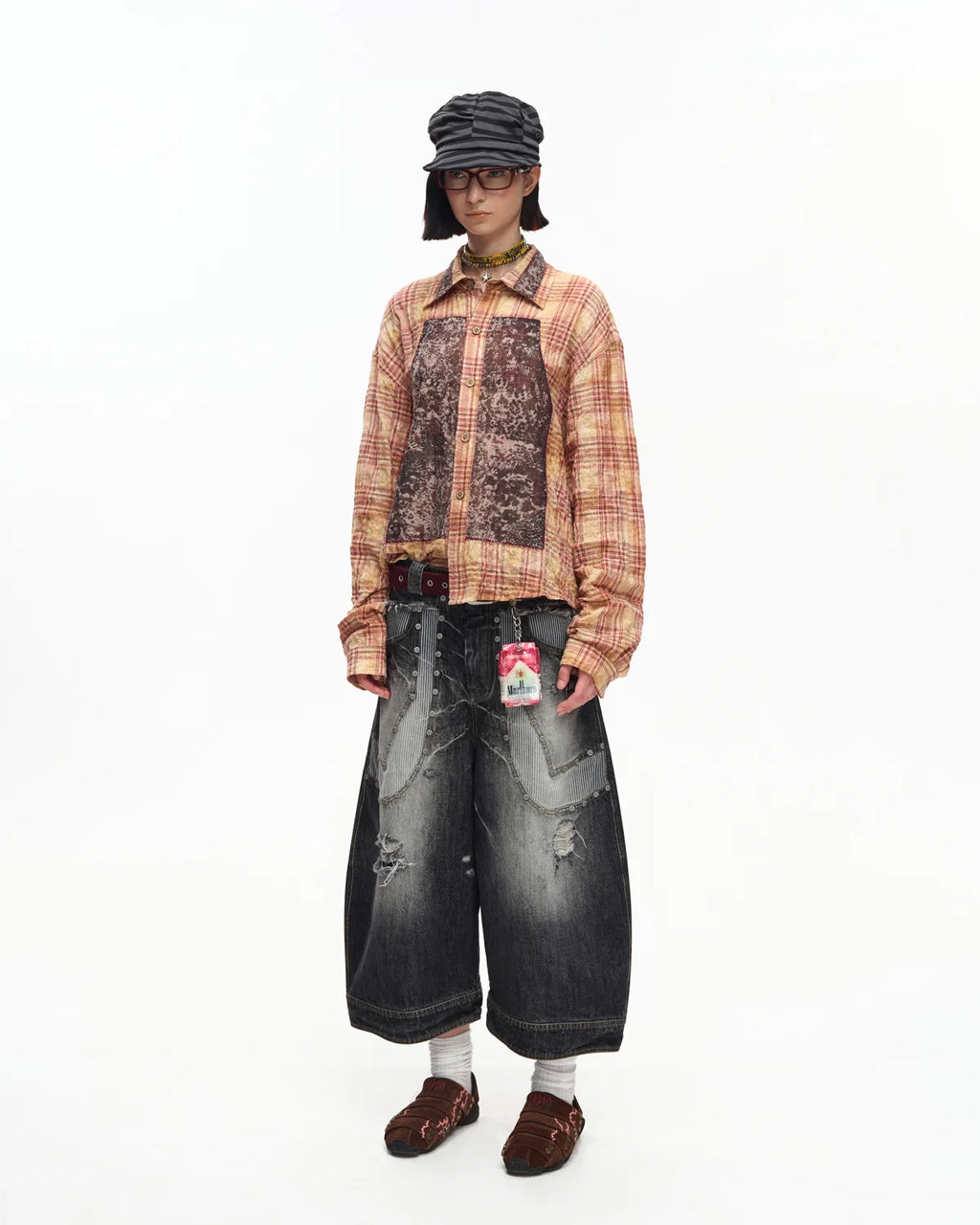 EMO Print Sheer Panel Plaid Shirt