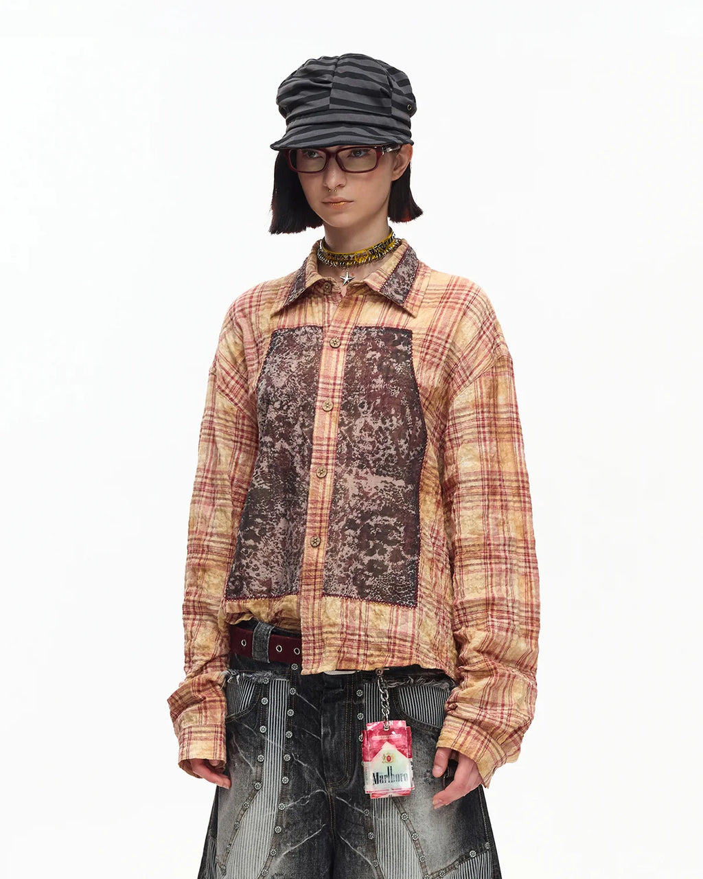 EMO Print Sheer Panel Plaid Shirt