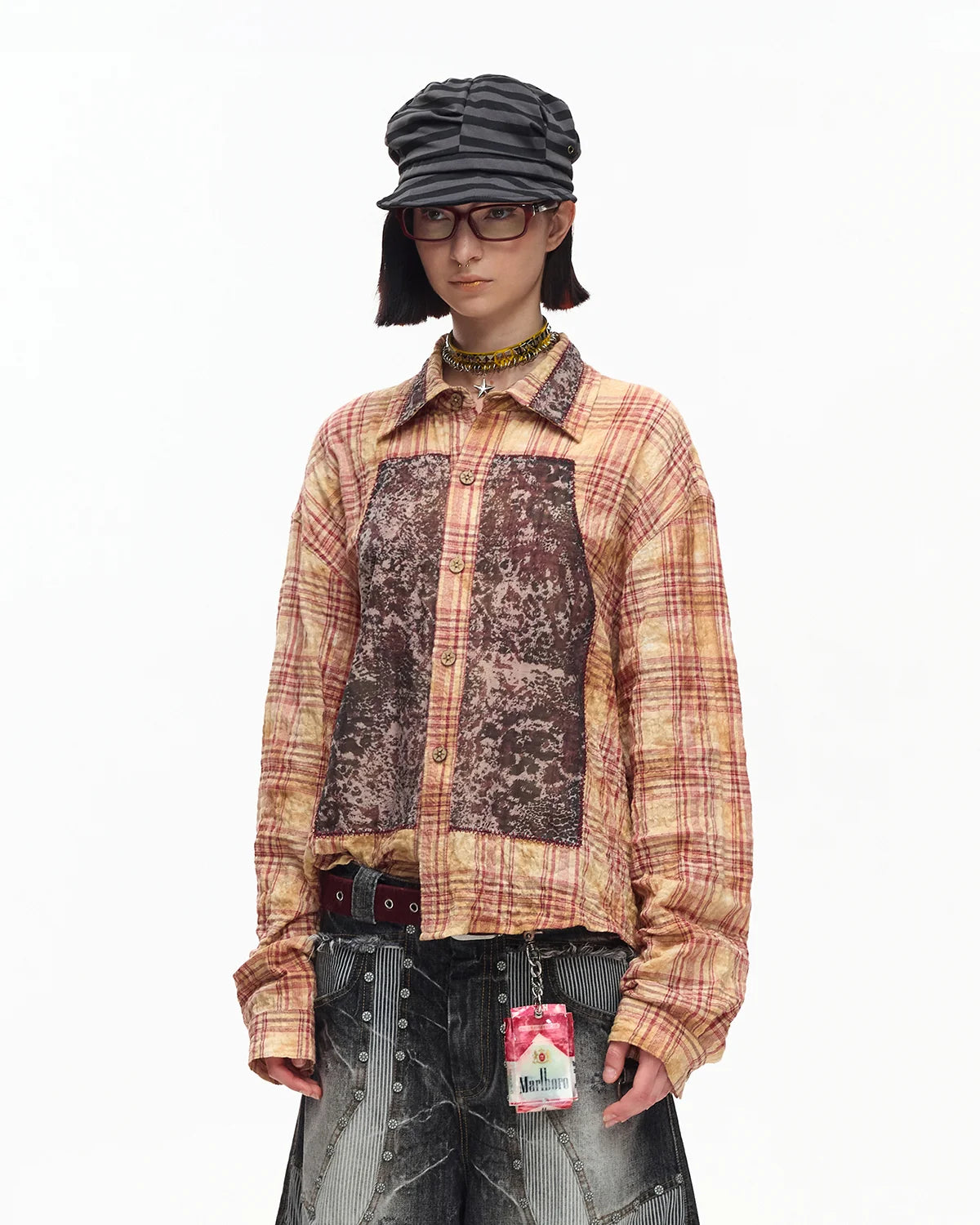 EMO Print Sheer Panel Plaid Shirt