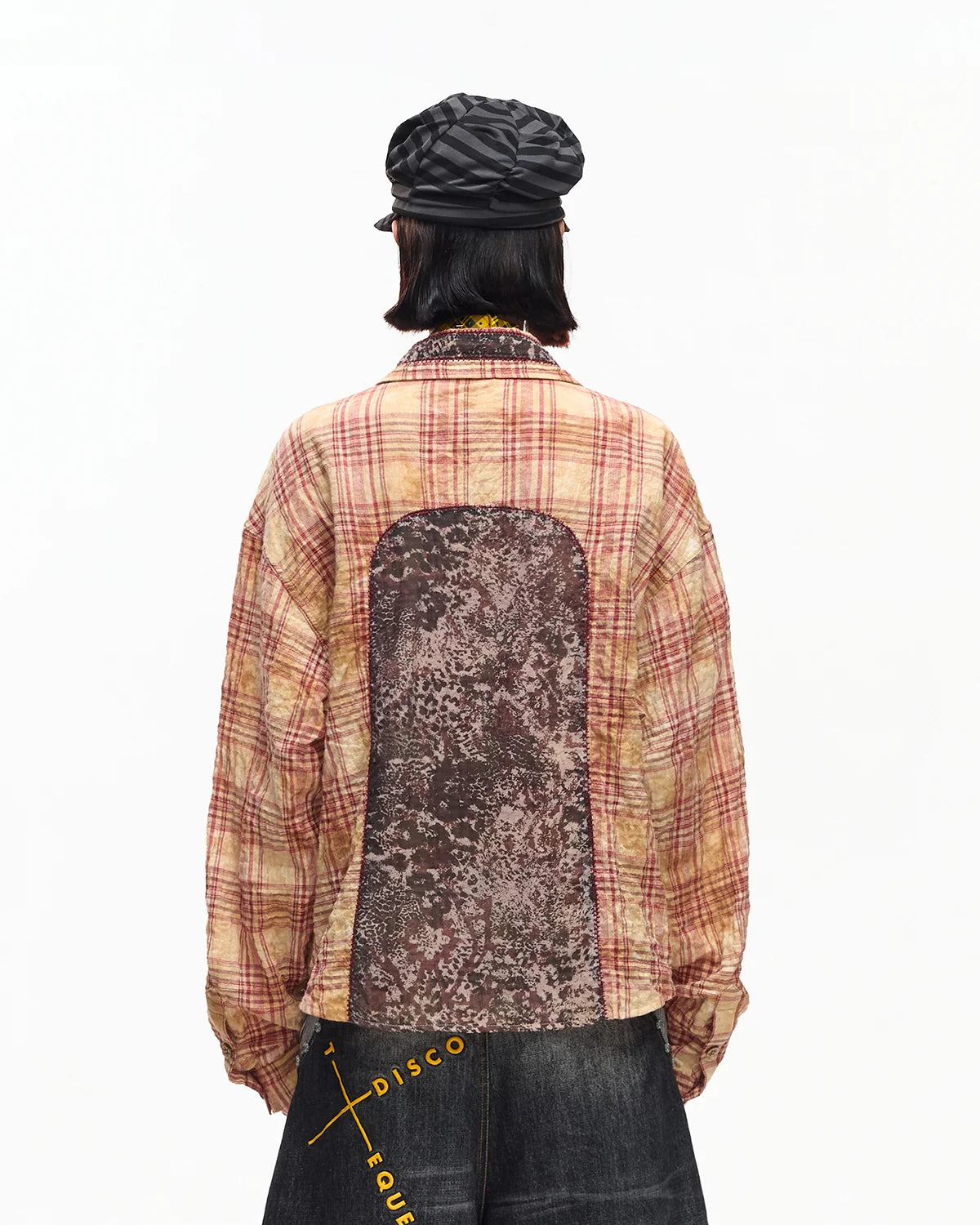 EMO Print Sheer Panel Plaid Shirt
