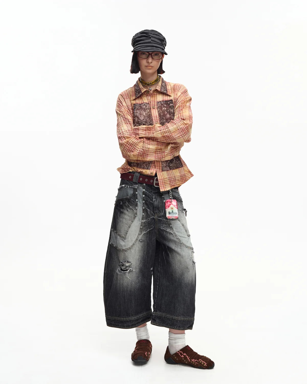 EMO Print Sheer Panel Plaid Shirt