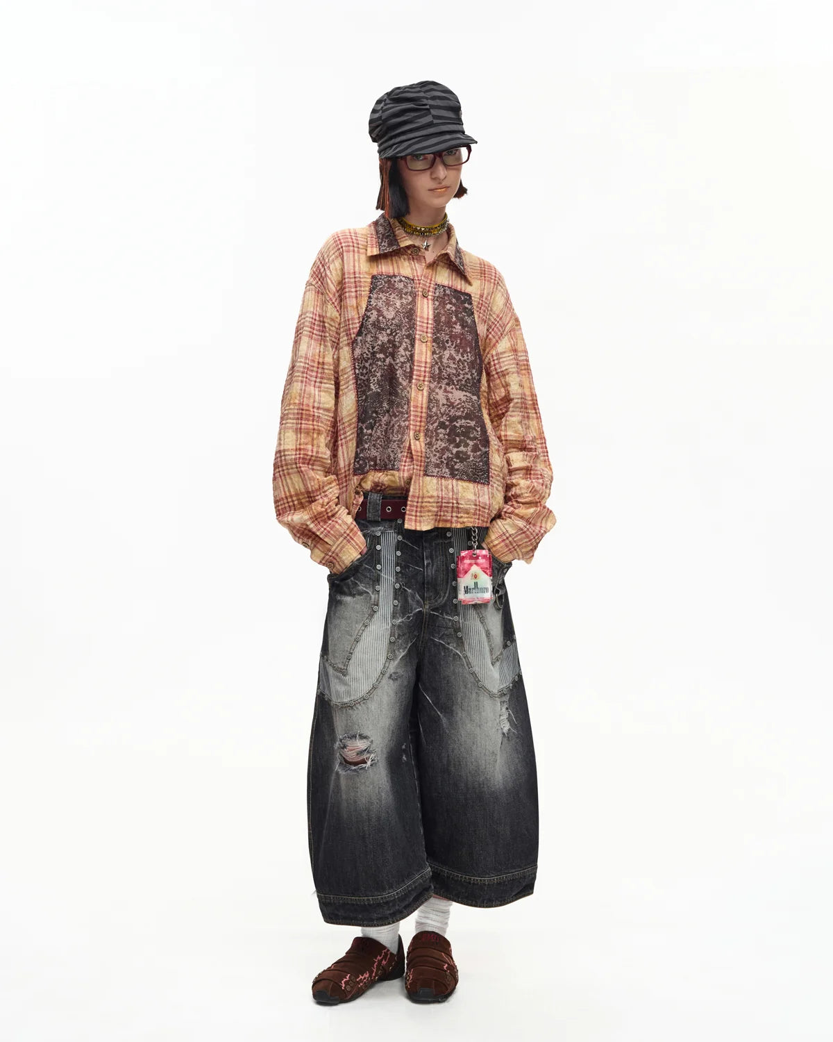 EMO Print Sheer Panel Plaid Shirt