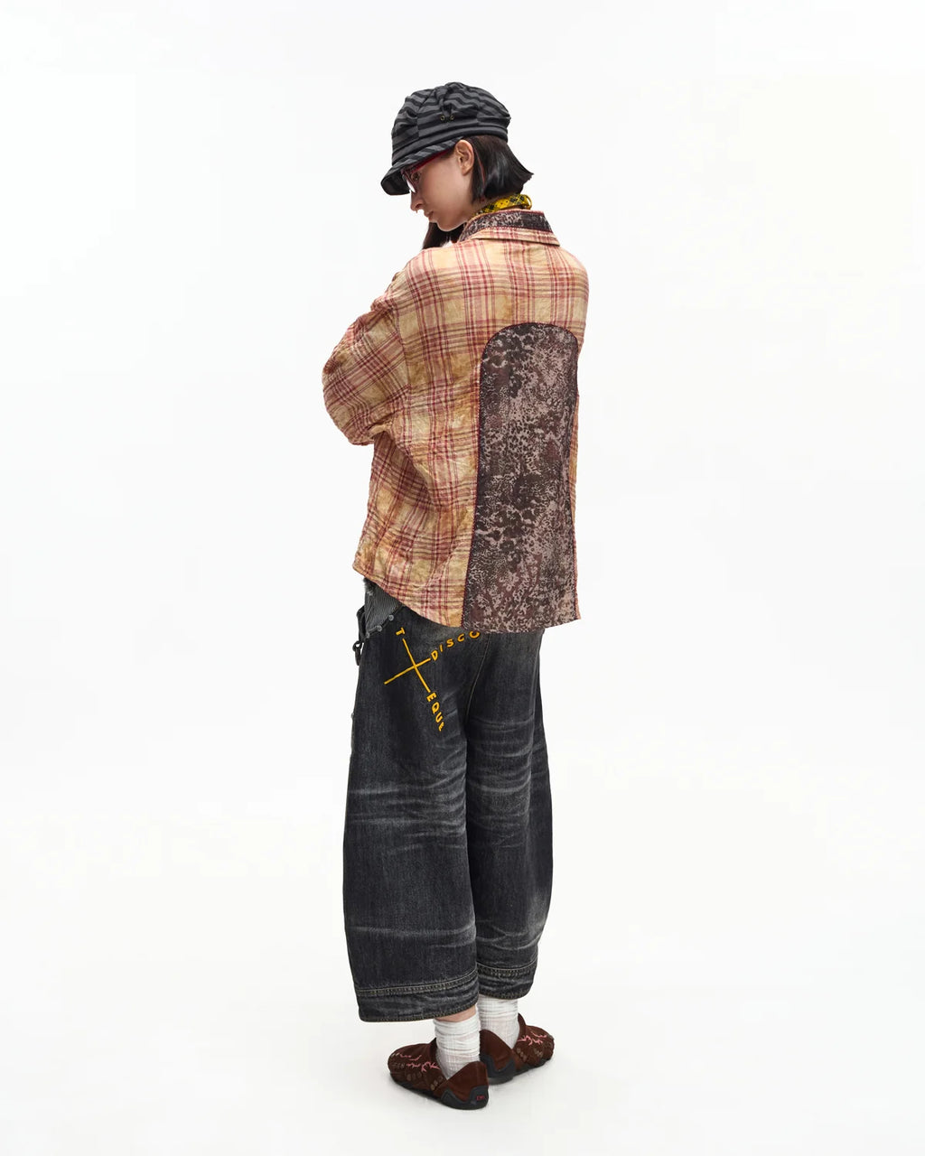 EMO Print Sheer Panel Plaid Shirt