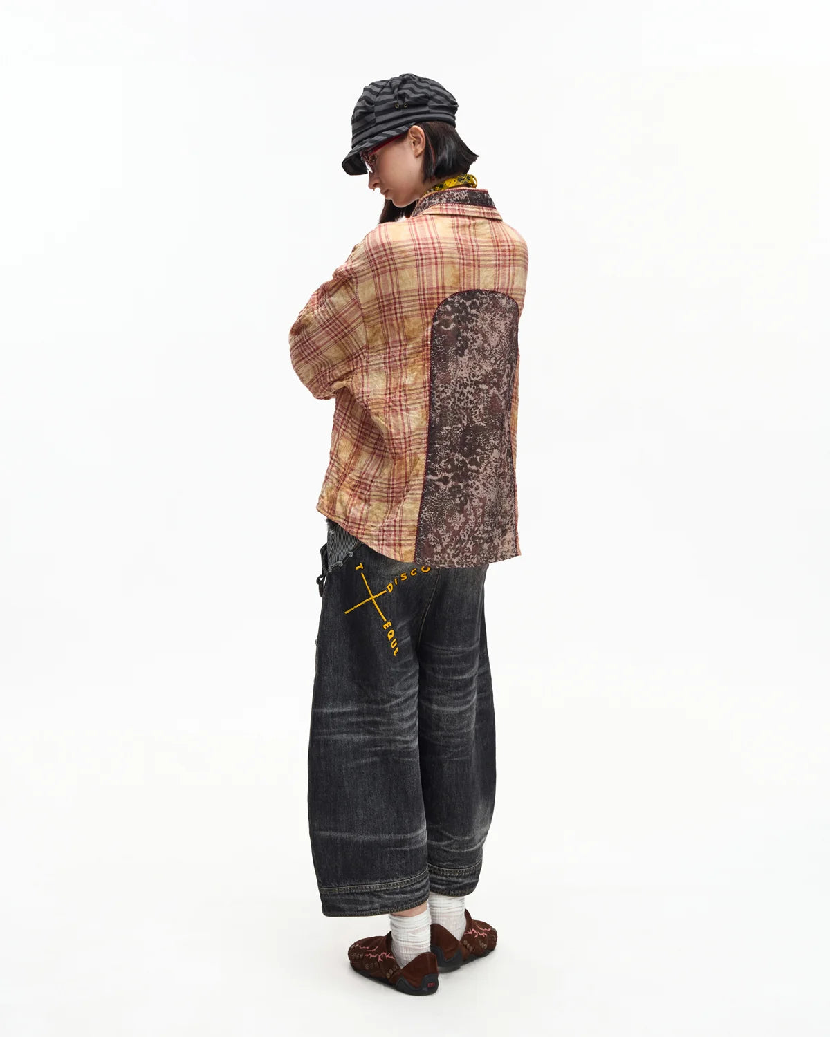 EMO Print Sheer Panel Plaid Shirt