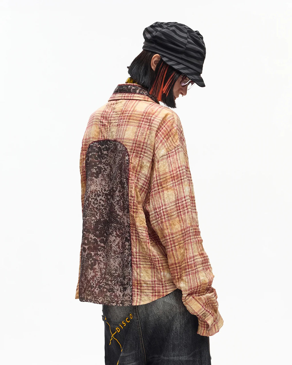 EMO Print Sheer Panel Plaid Shirt