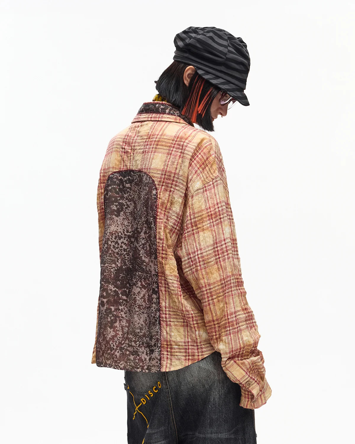 EMO Print Sheer Panel Plaid Shirt