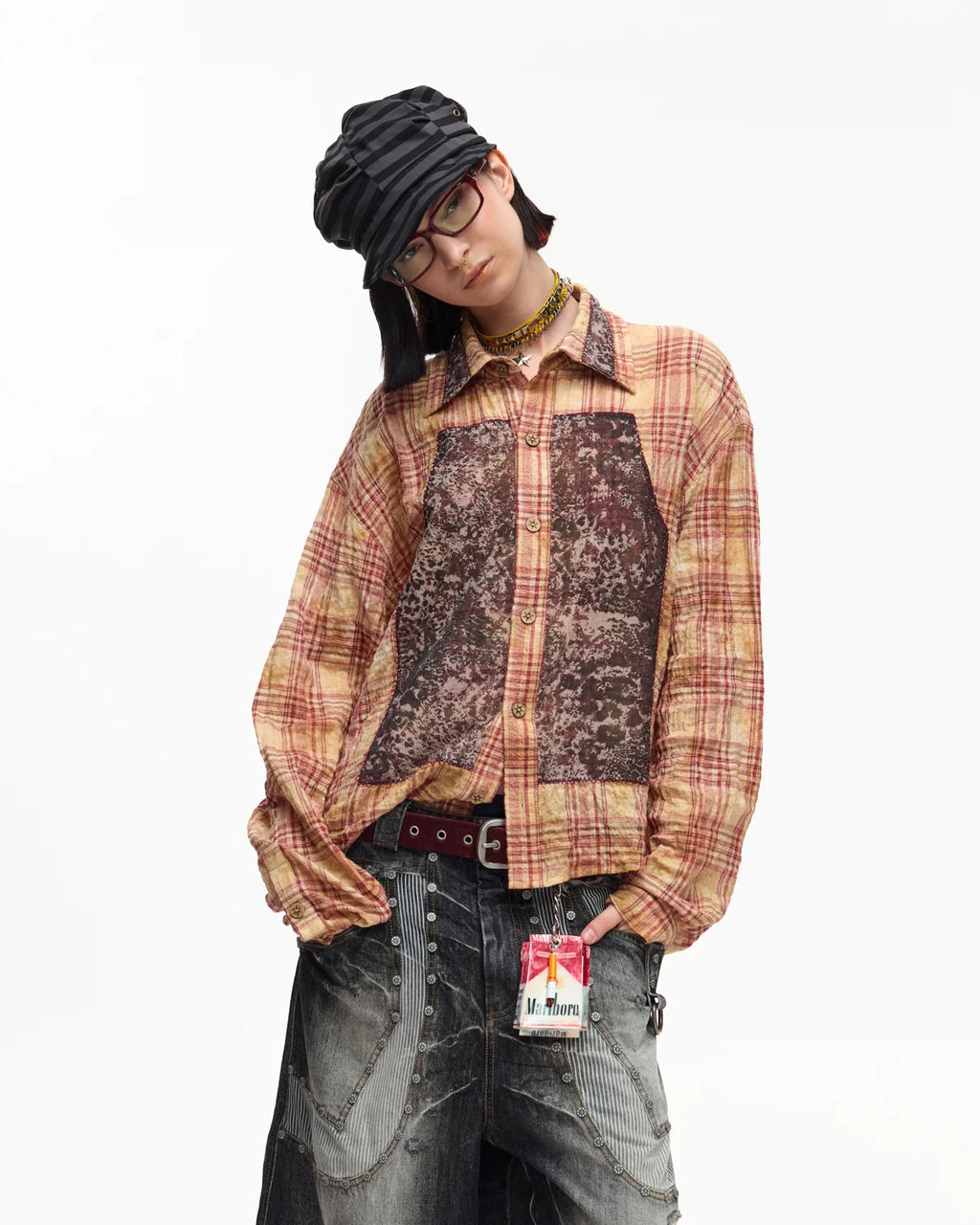 EMO Print Sheer Panel Plaid Shirt