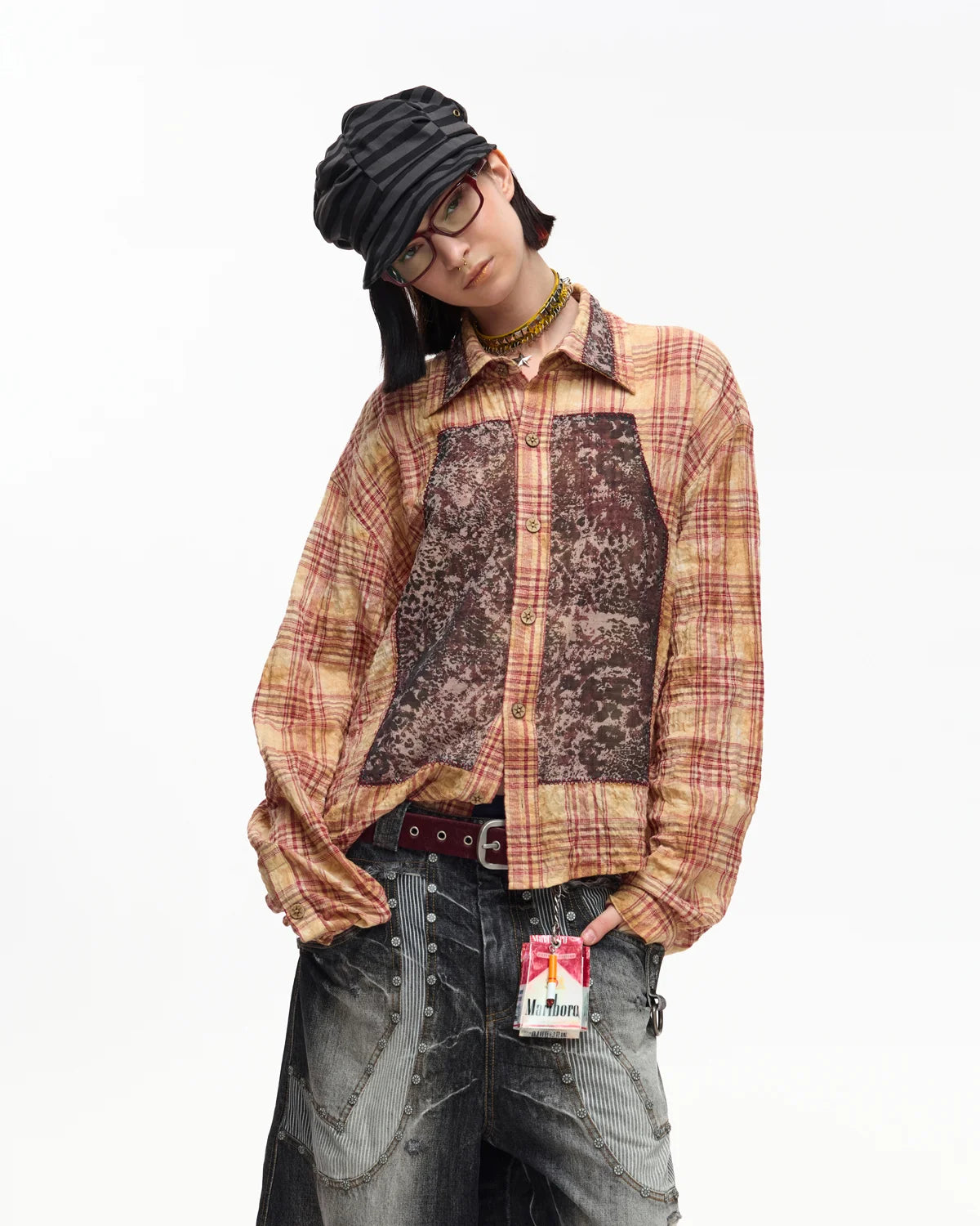 EMO Print Sheer Panel Plaid Shirt