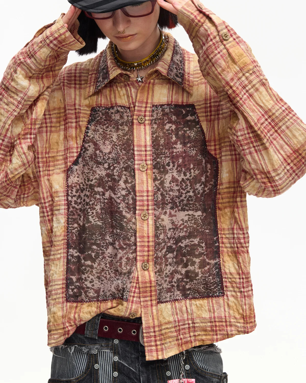 EMO Print Sheer Panel Plaid Shirt