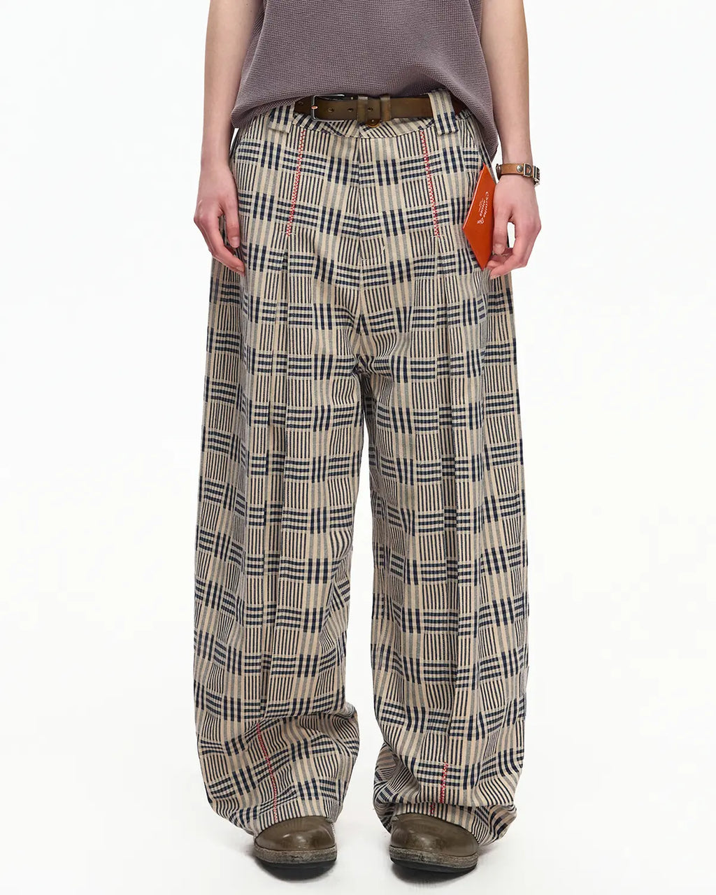 EMO Vintage Plaid Balloon Trousers Brown