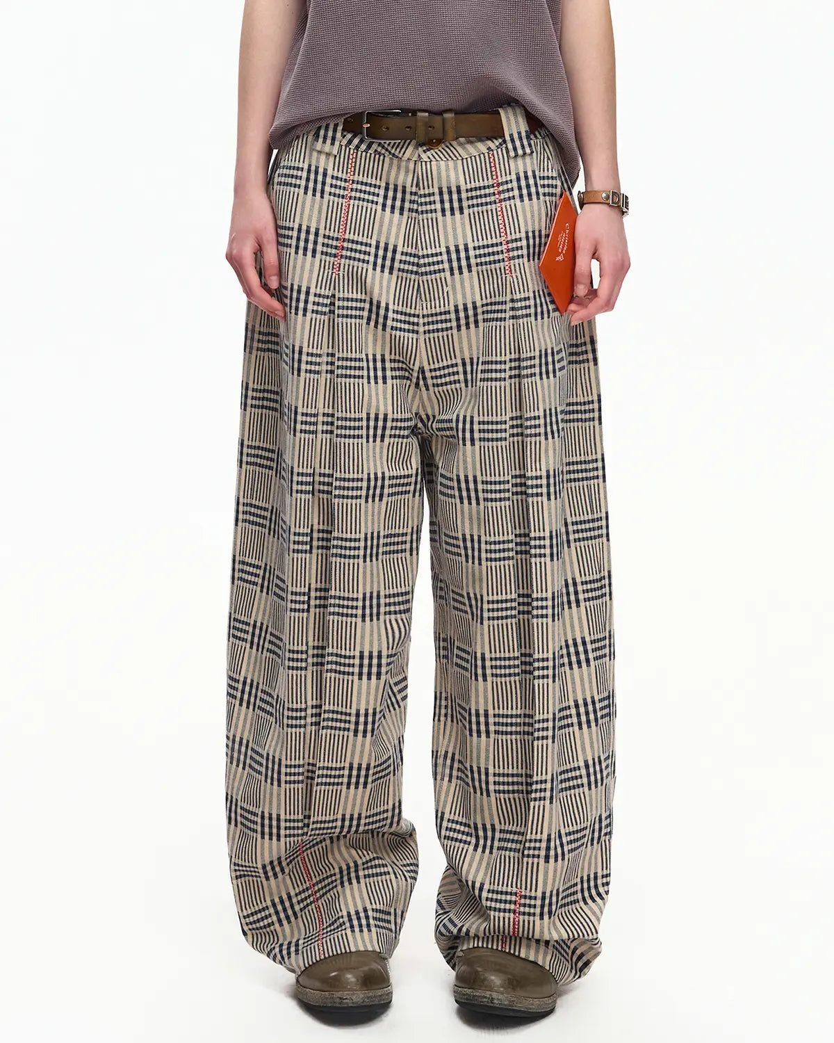EMO Vintage Plaid Balloon Trousers Brown