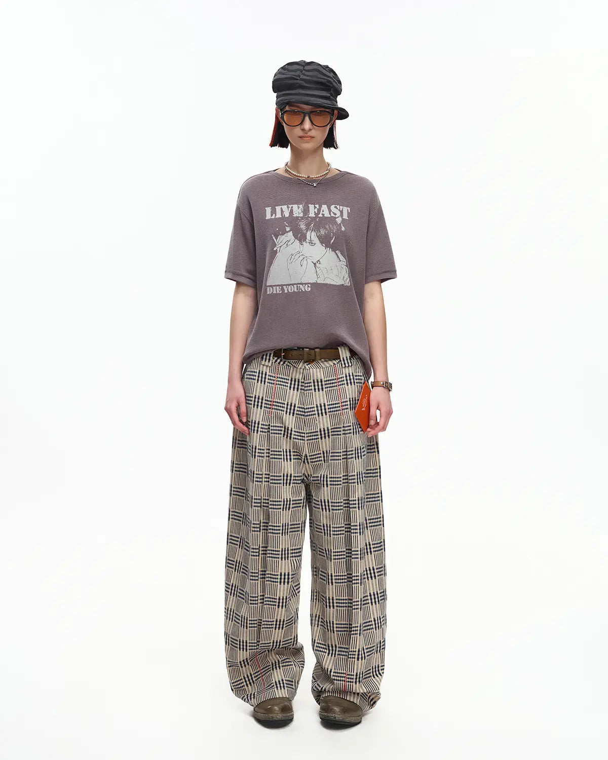 EMO Vintage Plaid Balloon Trousers Brown