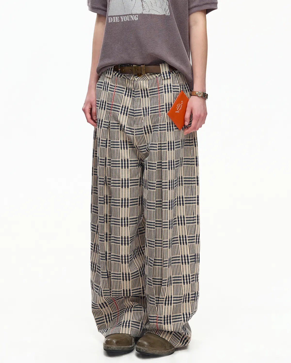 EMO Vintage Plaid Balloon Trousers Brown