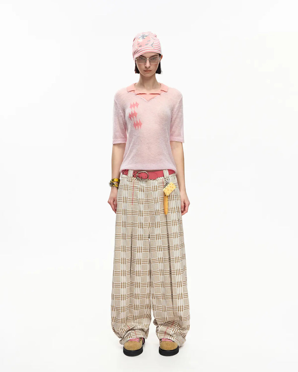 EMO Vintage Plaid Balloon Trousers Beige
