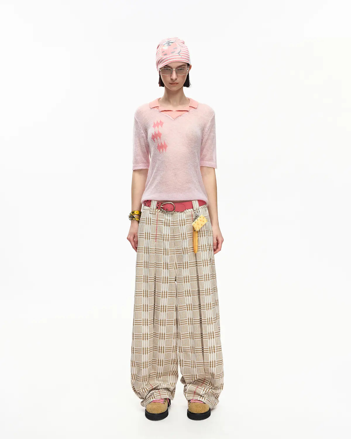EMO Vintage Plaid Balloon Trousers Beige