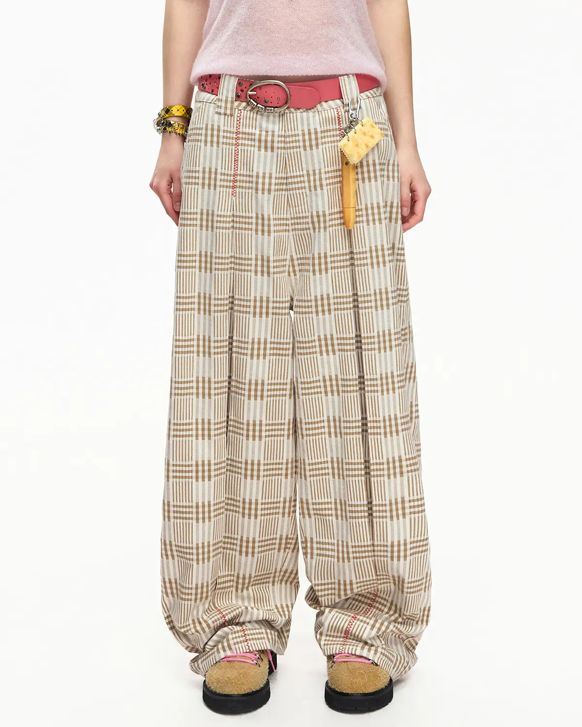 EMO Vintage Plaid Balloon Trousers Beige