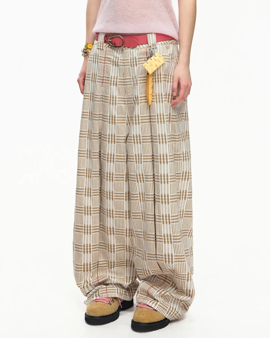 EMO Vintage Plaid Balloon Trousers Beige