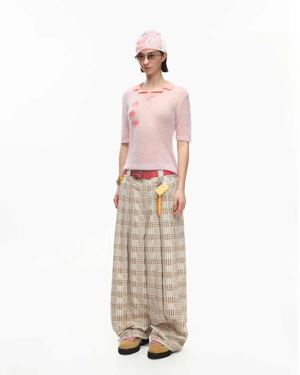 EMO Vintage Plaid Balloon Trousers Beige