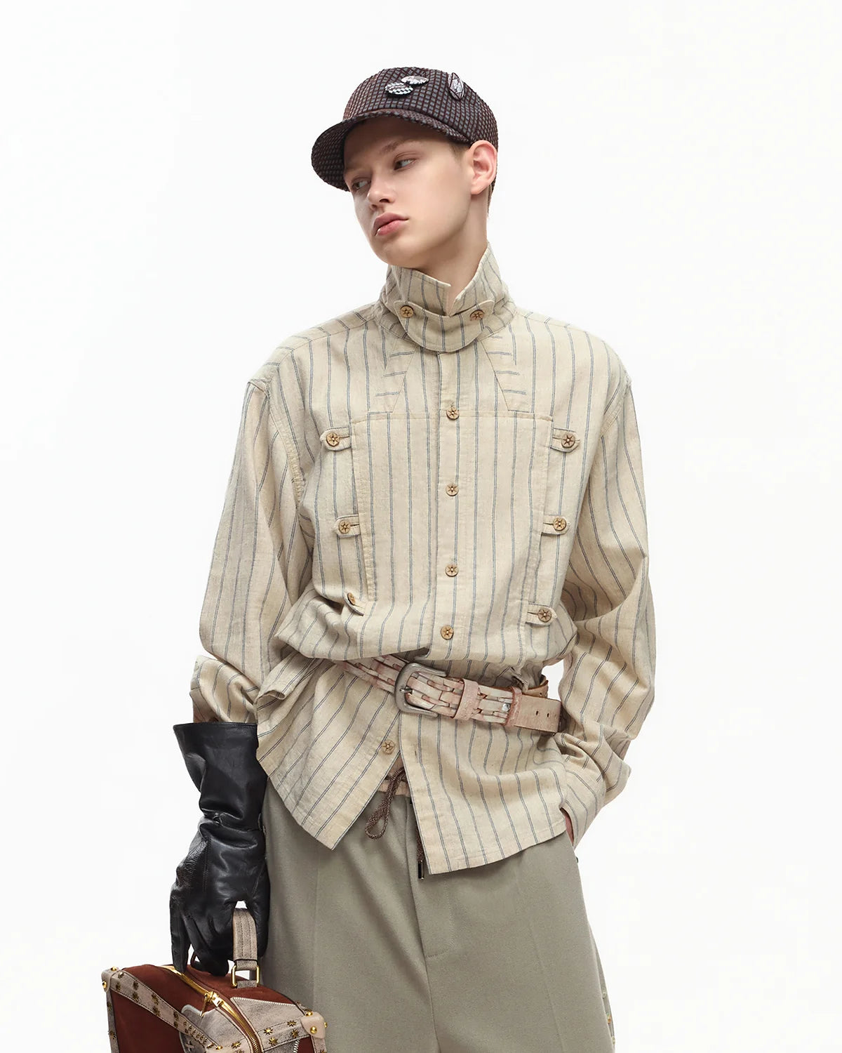 EMO Napoleon Double-Breasted Vertical-Striped Shirt
