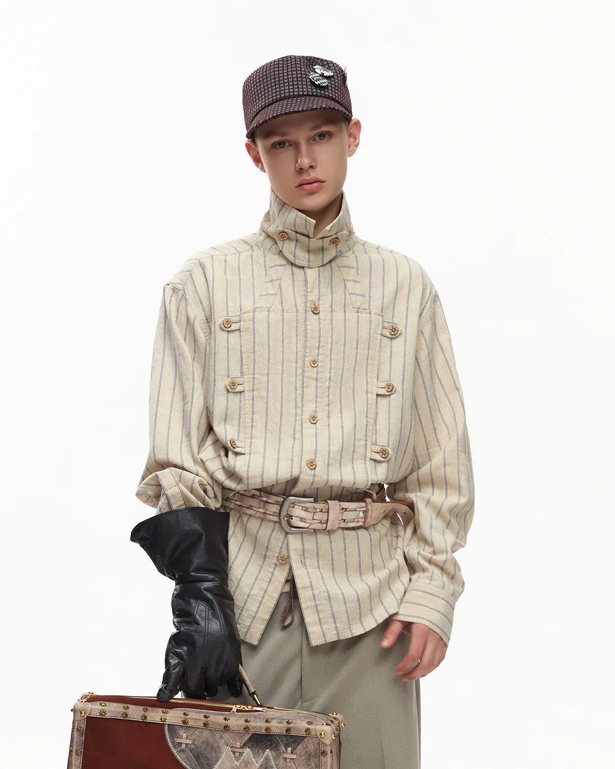 EMO Napoleon Double-Breasted Vertical-Striped Shirt
