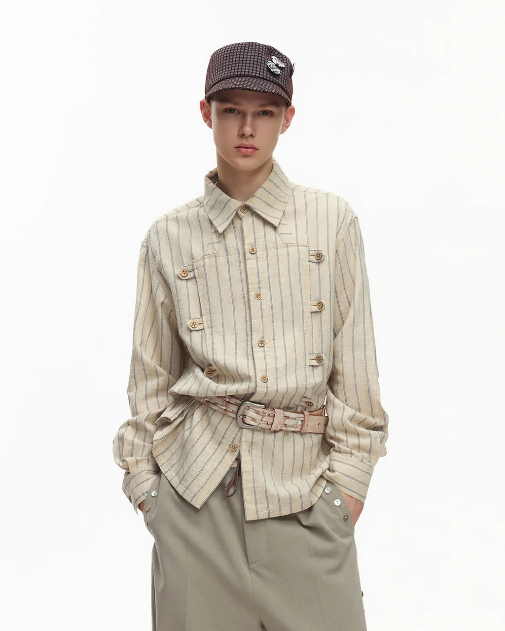EMO Napoleon Double-Breasted Vertical-Striped Shirt