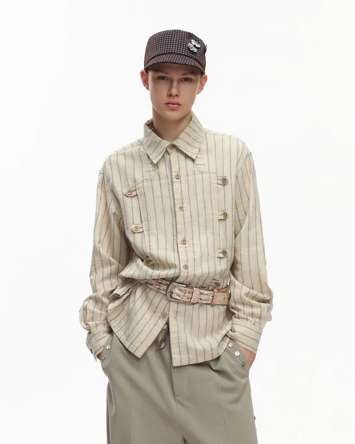 EMO Napoleon Double-Breasted Vertical-Striped Shirt
