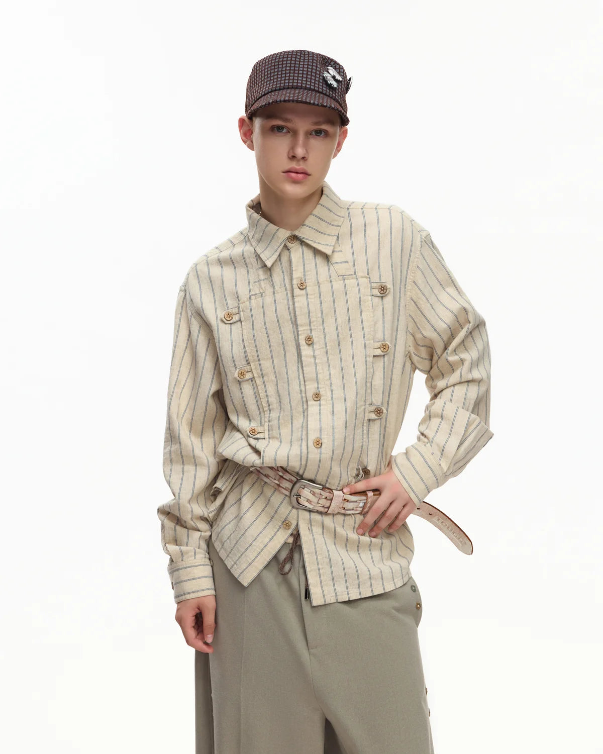 EMO Napoleon Double-Breasted Vertical-Striped Shirt