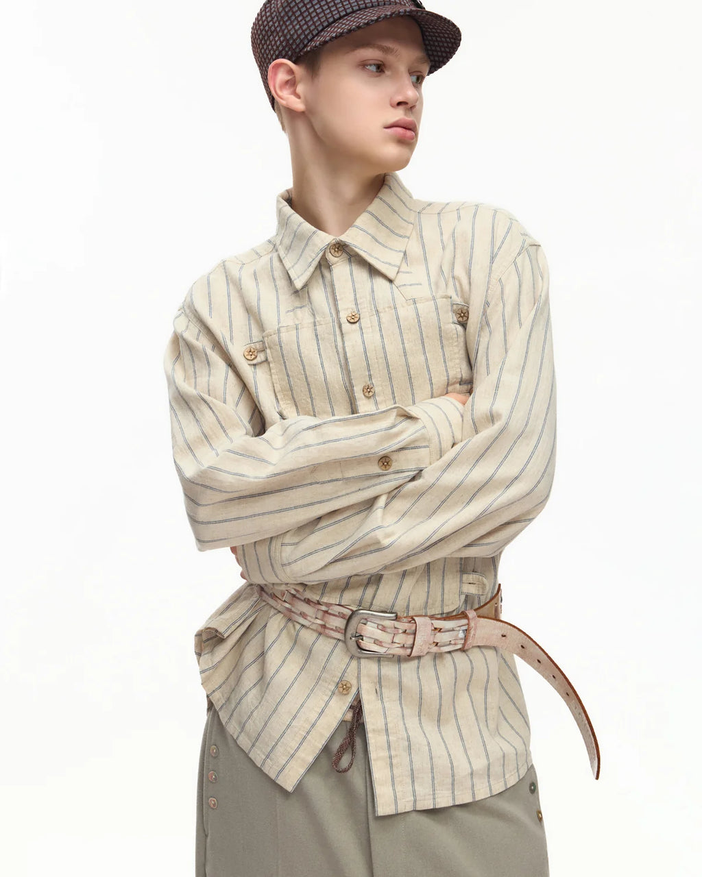EMO Napoleon Double-Breasted Vertical-Striped Shirt