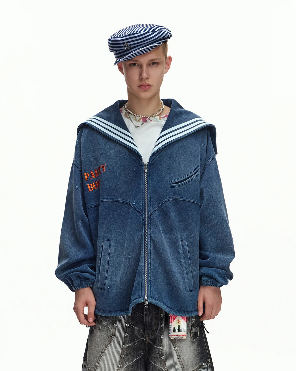 EMO Sailor-Collar Double-Zip Sweatshirt Jacket
