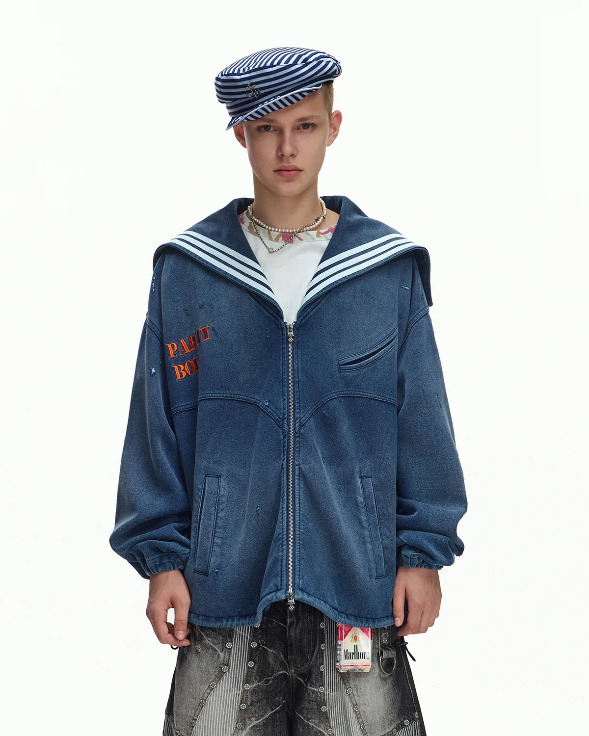 EMO Sailor-Collar Double-Zip Sweatshirt Jacket