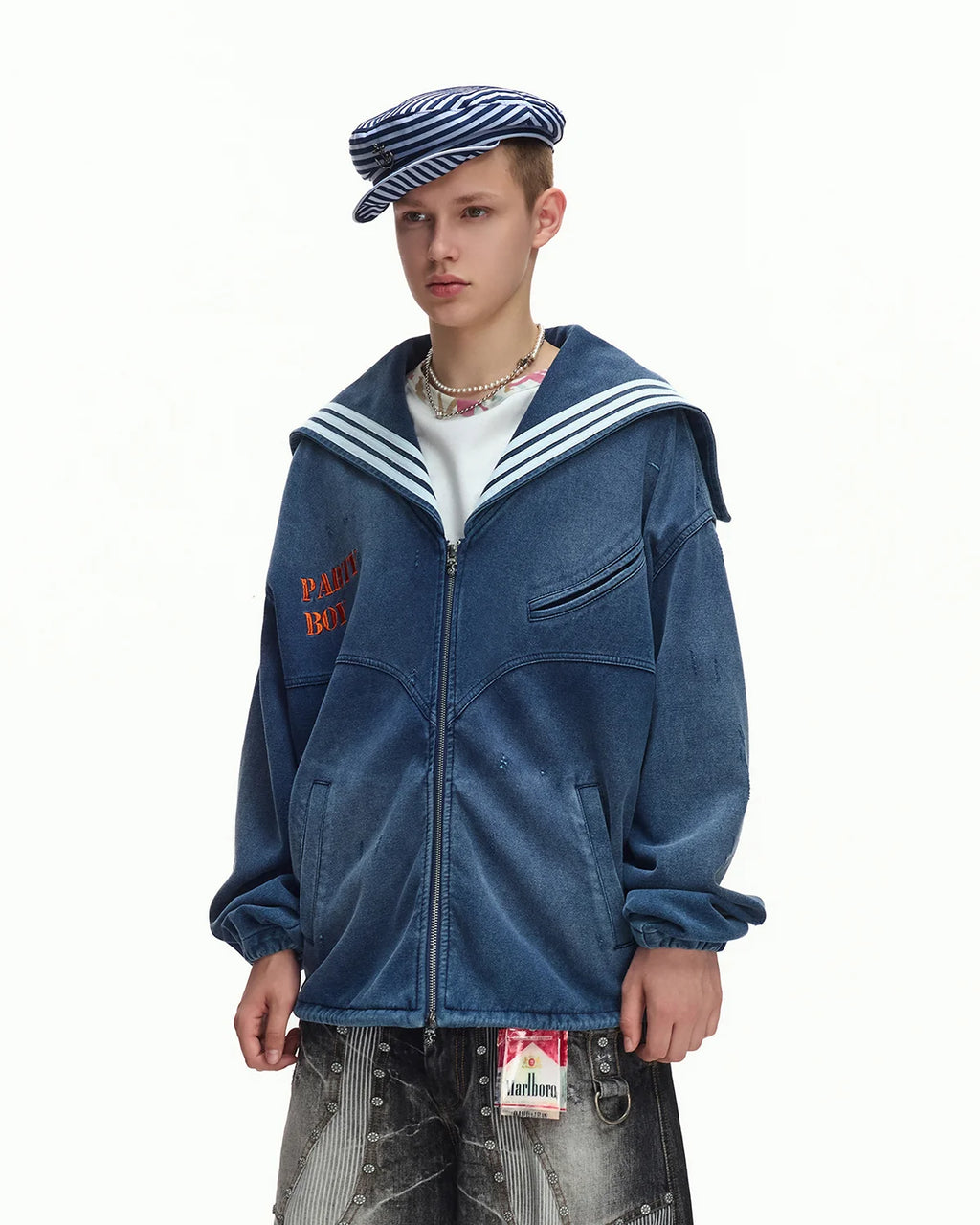 EMO Sailor-Collar Double-Zip Sweatshirt Jacket