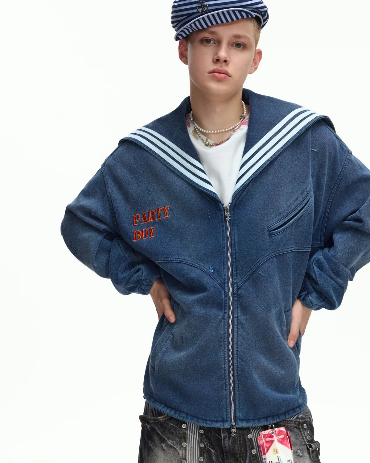 EMO Sailor-Collar Double-Zip Sweatshirt Jacket