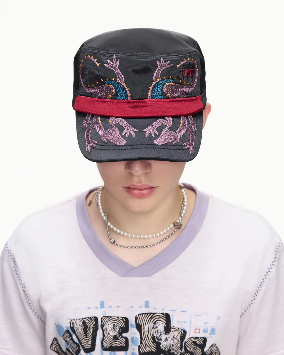 EMO Vintage Embroidered Flat-Top Cadet Cap Black