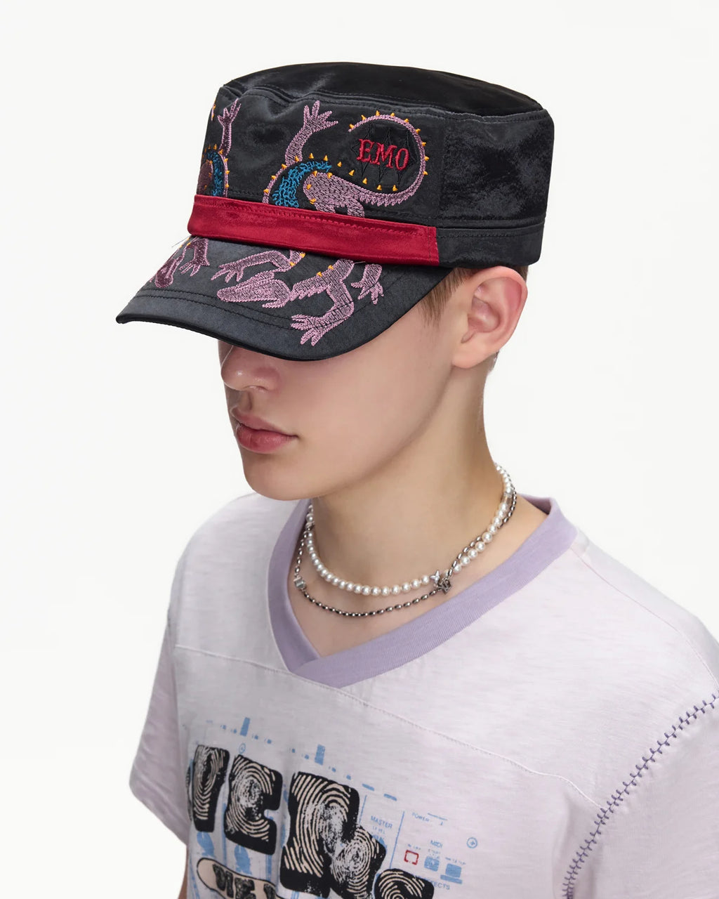 EMO Vintage Embroidered Flat-Top Cadet Cap Black