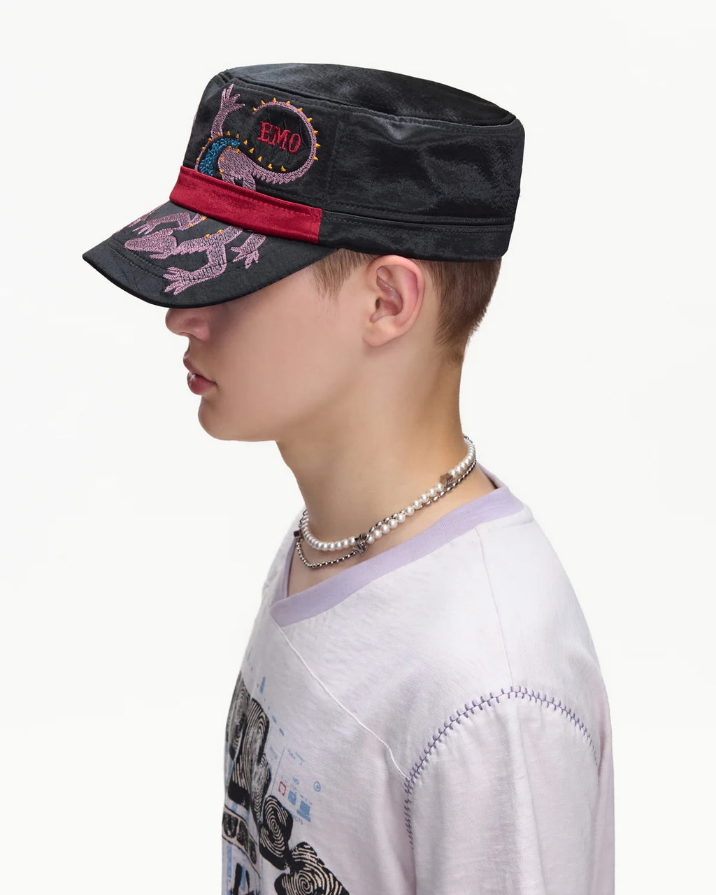 EMO Vintage Embroidered Flat-Top Cadet Cap Black
