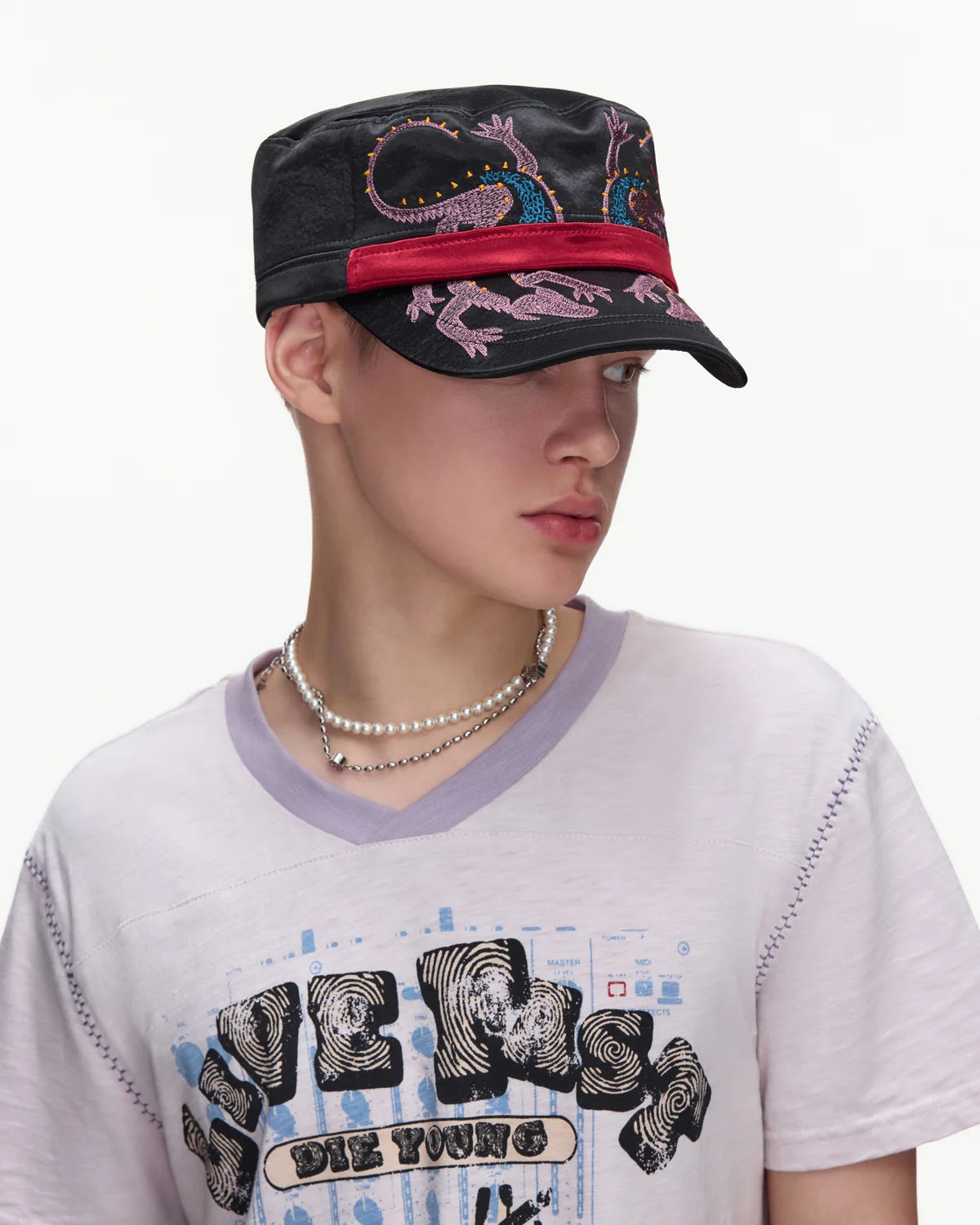 EMO Vintage Embroidered Flat-Top Cadet Cap Black