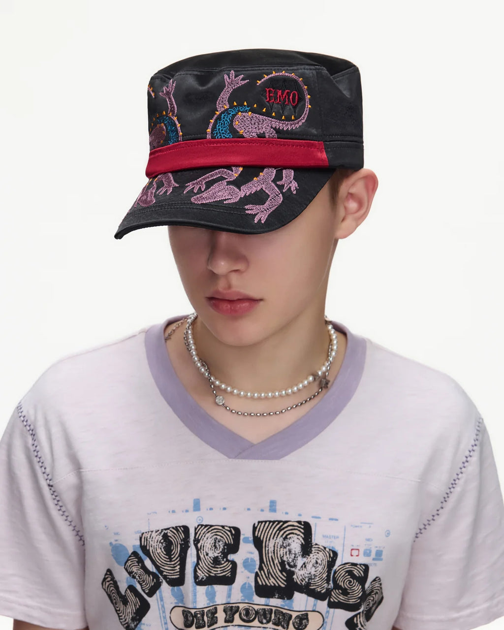 EMO Vintage Embroidered Flat-Top Cadet Cap Black