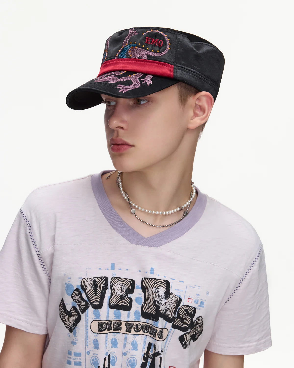 EMO Vintage Embroidered Flat-Top Cadet Cap Black