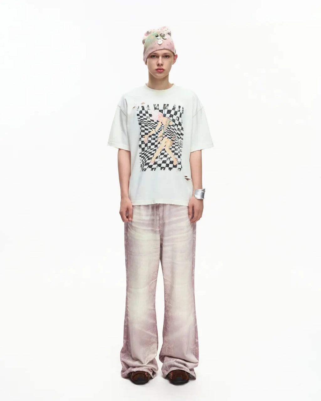 EMO Distressed Camo Washed Cropped Tee White