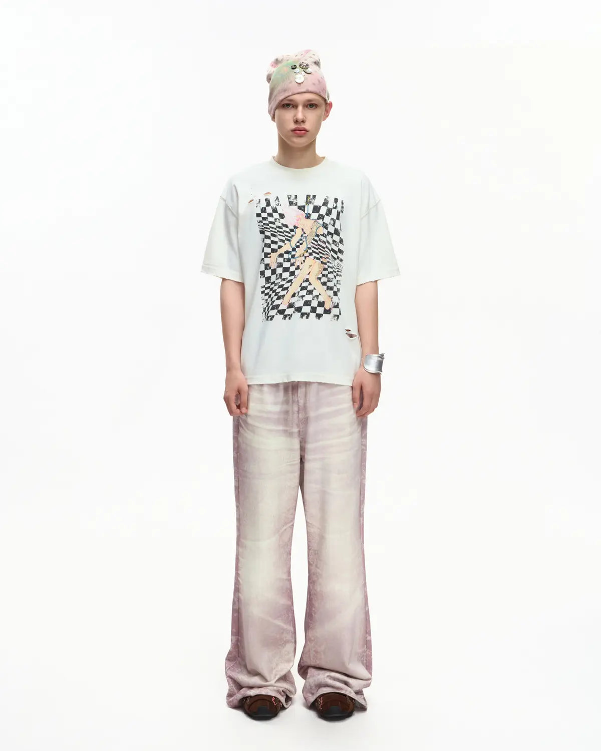 EMO Distressed Camo Washed Cropped Tee White