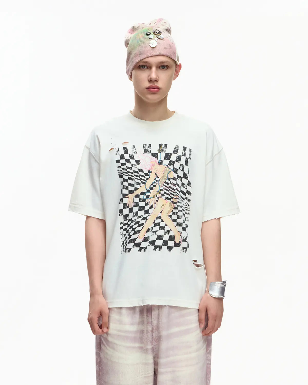 EMO Distressed Camo Washed Cropped Tee White